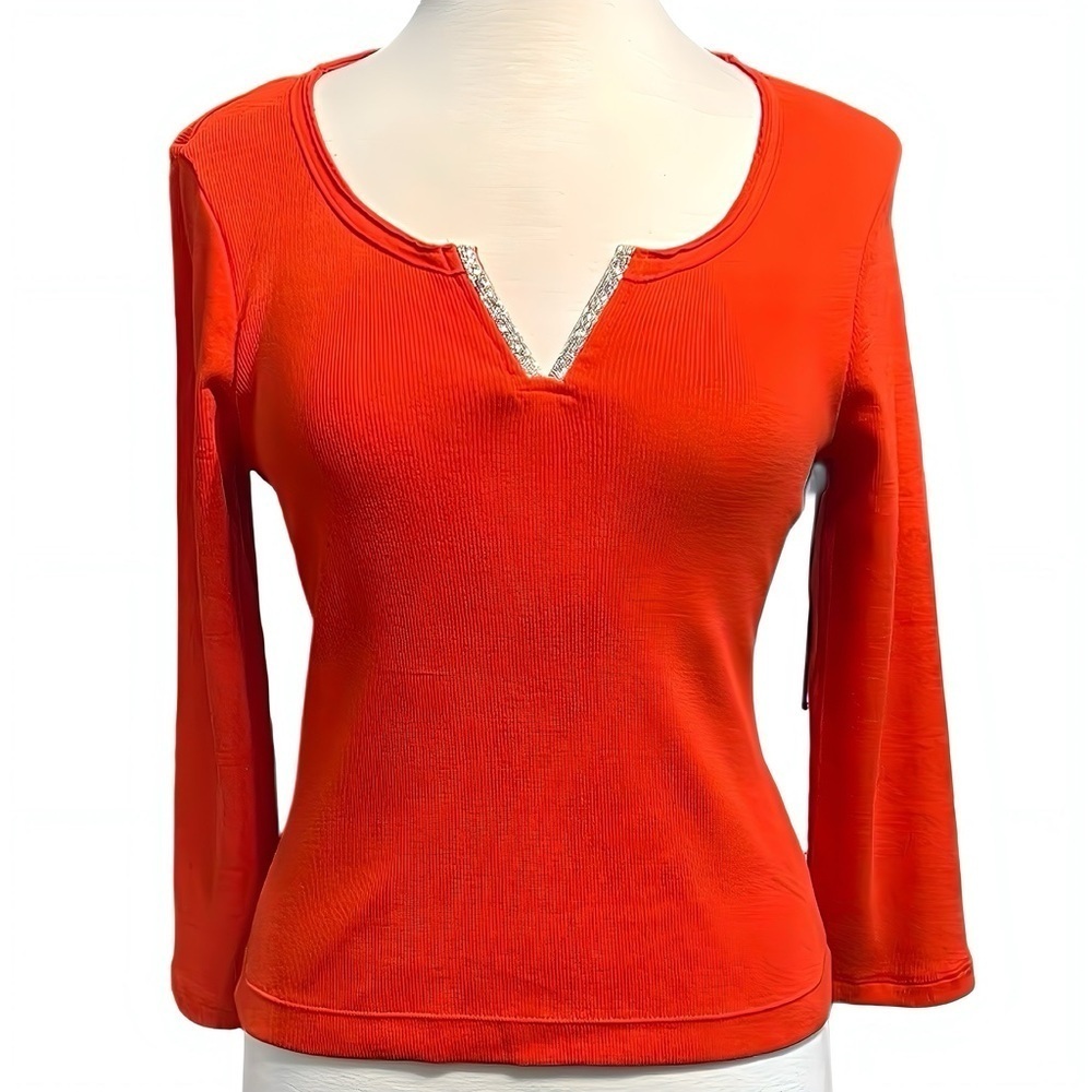 DKNY Orange Ribbed 3/4 Sleeve Stretch V Neck Top Medium Sparkly Silver Trim Fall
